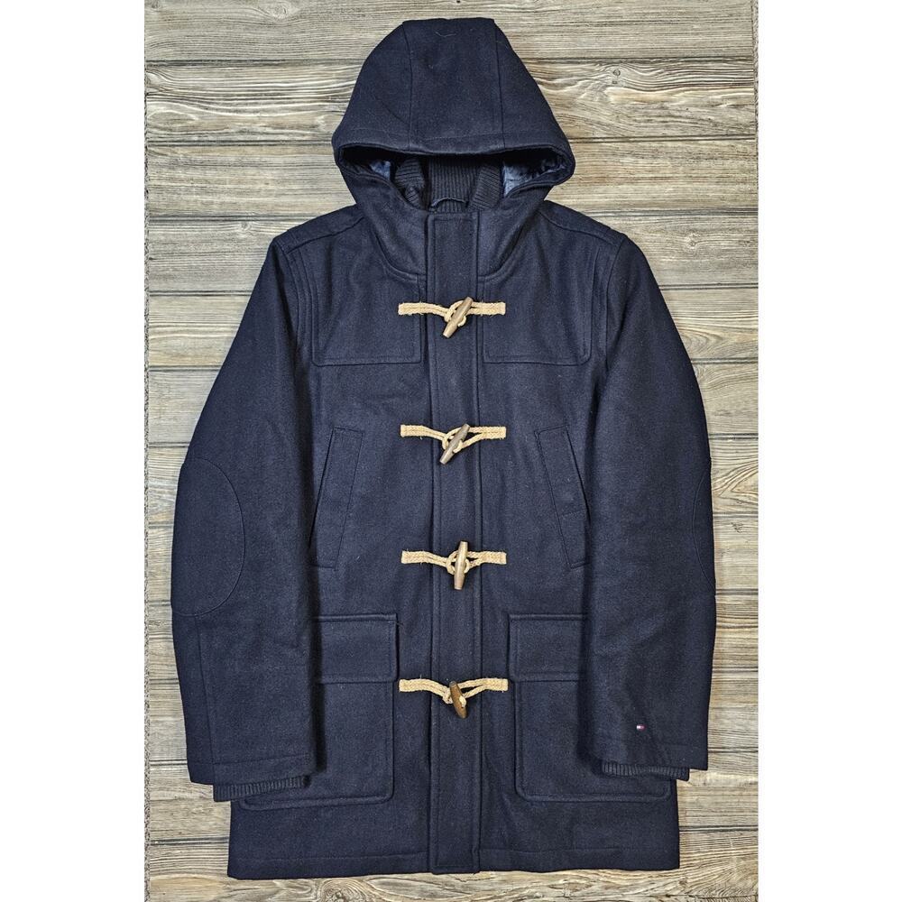TOMMY HILFIGER Hooded Wool Mix Toggle Duffle Coat Quilt Lined Mens Medium Navy
